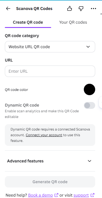 Scanova QR Codes app panel in Canva with URL field, QR code color swatch and dynamic toggle