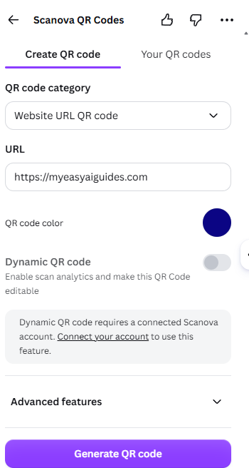 Scanova panel in Canva with the URL filled in and the QR code colour set to navy