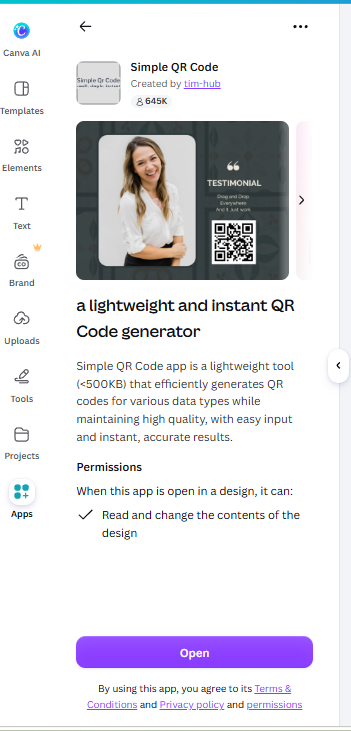 Canva app detail page for Simple QR Code by tim-hub with 645K users and a read-and-change permission notice