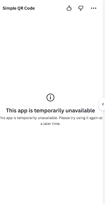 Simple QR Code app in Canva showing a message that the app is temporarily unavailable