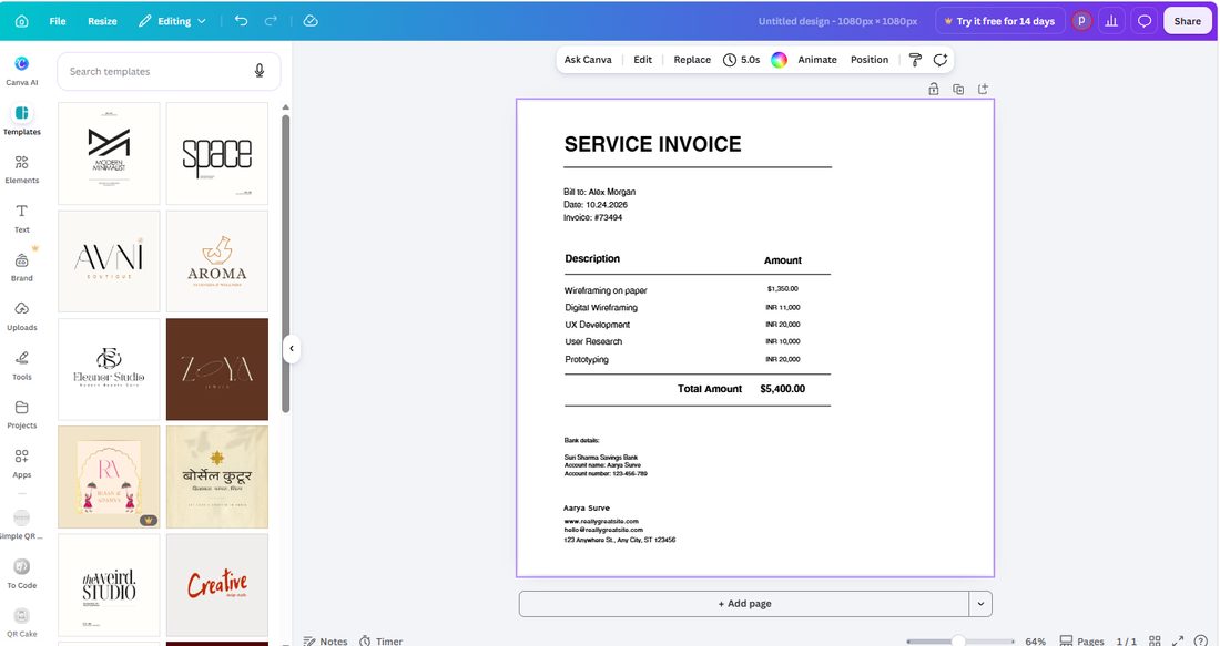 Invoice design pasted intact into a new 1080x1080 canvas