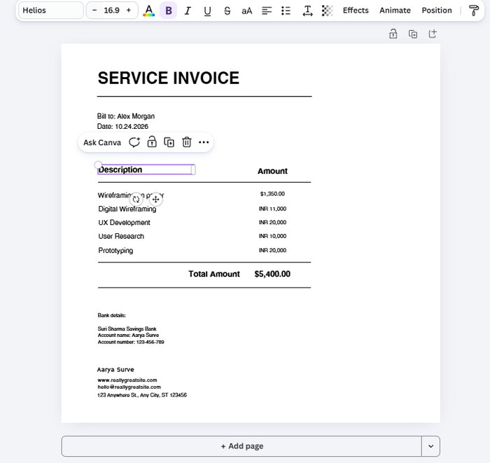 Pasted invoice content showing editable text boxes and the standard text toolbar