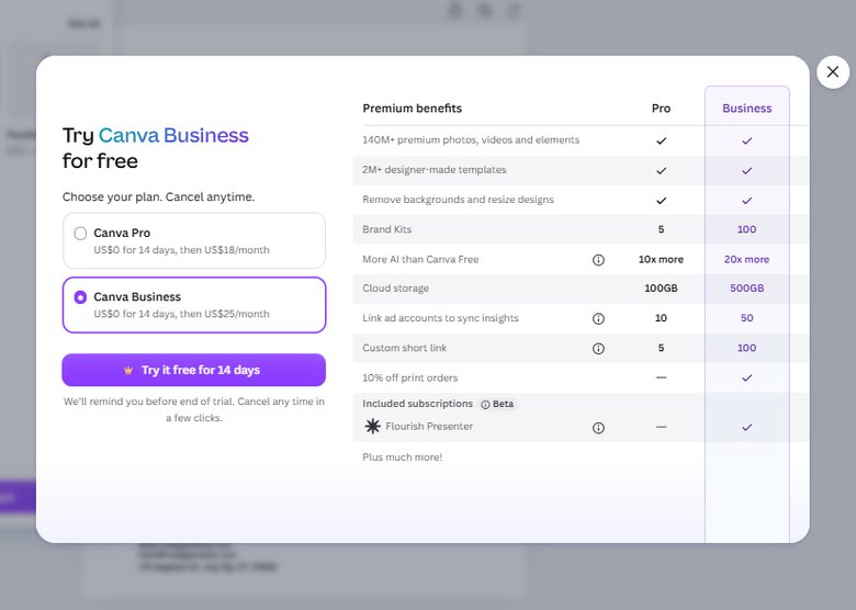 Canva paywall listing resize designs and background removal as Pro and Business benefits