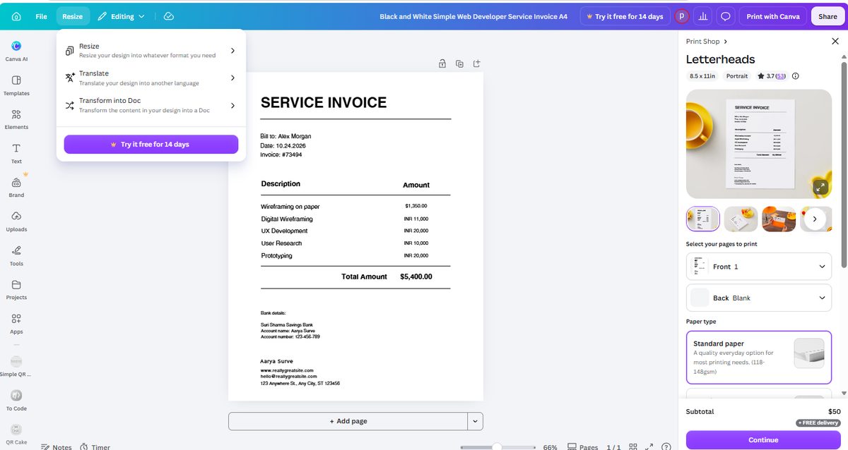 Canva editor toolbar with Resize menu open showing Resize, Translate and Transform into Doc