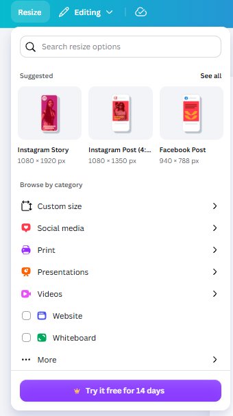 Canva Resize panel with suggested sizes and category list