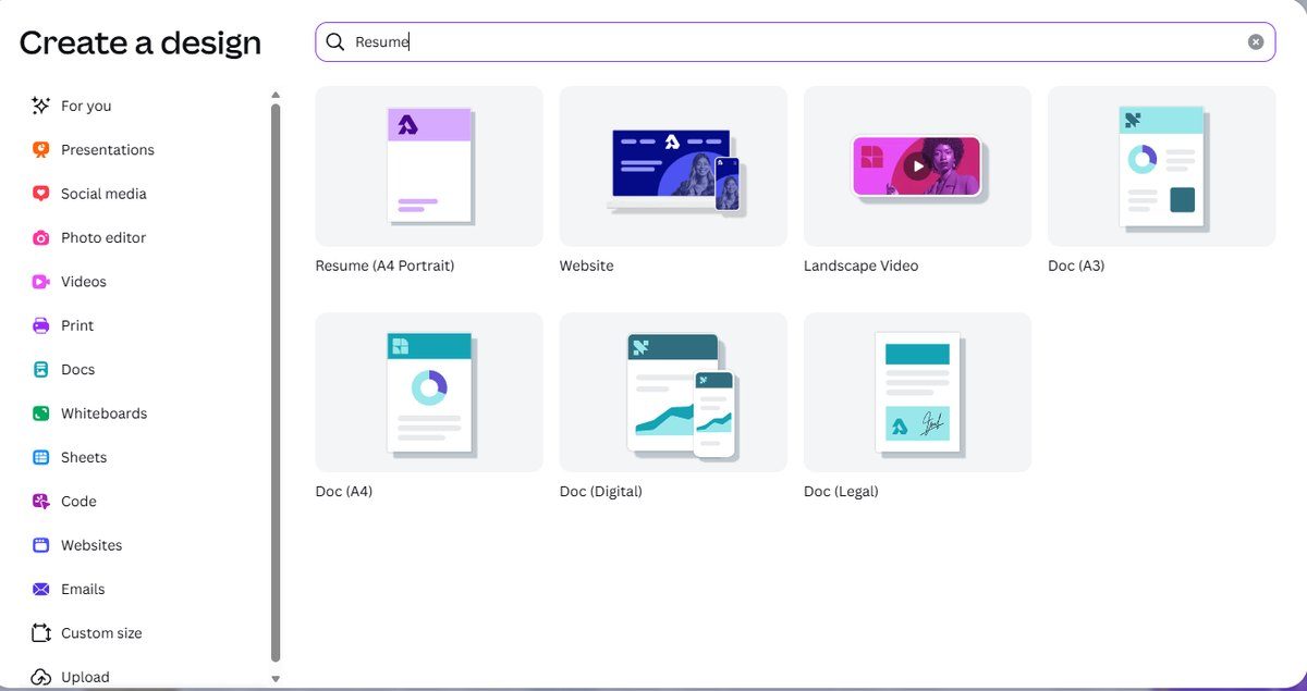 Canva Create a design dropdown showing Resume (A4 Portrait) as the suggested format after typing Resume