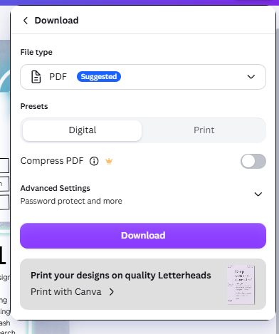 Canva PDF download panel showing Digital and Print presets with a crown on the Compress PDF option