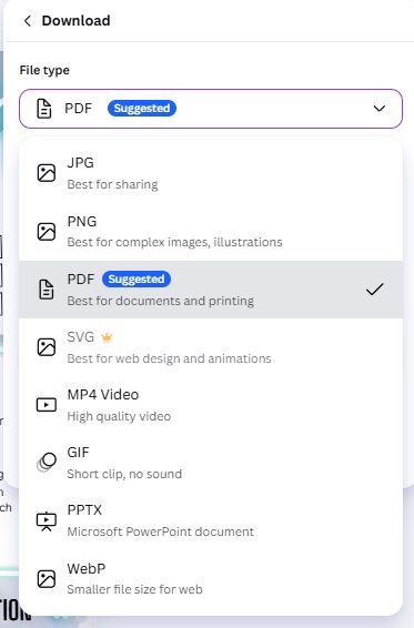 Canva download file type menu for a resume showing JPG, PNG, PDF, SVG with a crown, MP4, GIF, PPTX and WebP