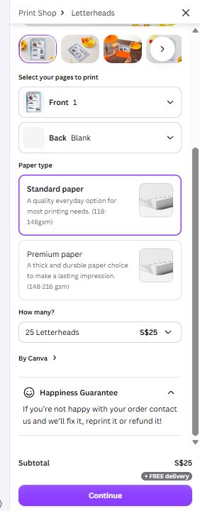 Canva print paper type options showing Standard and Premium weights