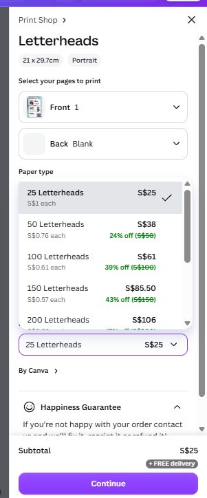 Canva print pricing showing 25 copies for S$25 up to 200 copies for S$106 with free delivery