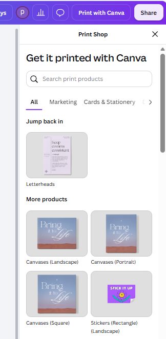 Canva print shop showing the Letterheads product for a resume at 21 x 29.7 cm