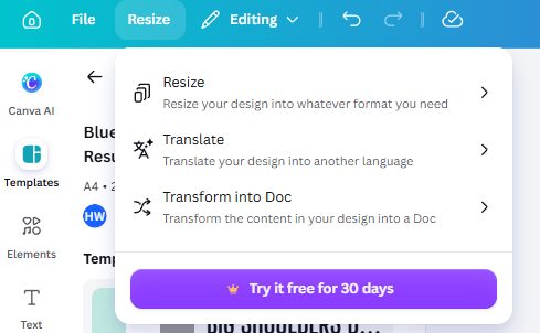 Canva File menu showing the Resize option alongside Translate and Transform into Doc