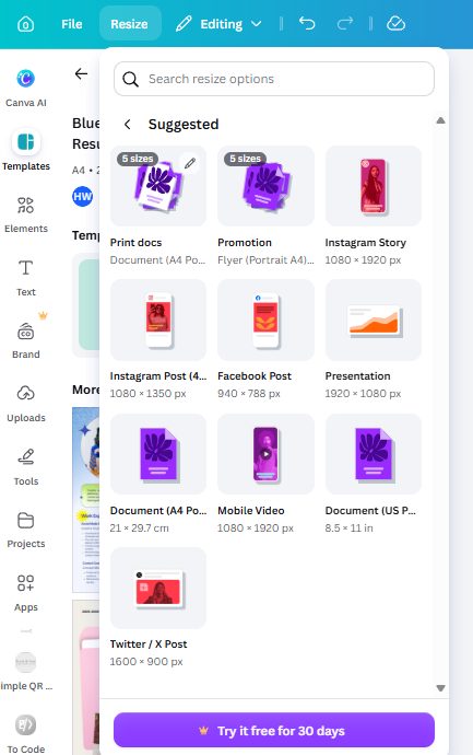 Canva resize panel showing Document A4 Portrait and Document US Letter 8.5 x 11 in options