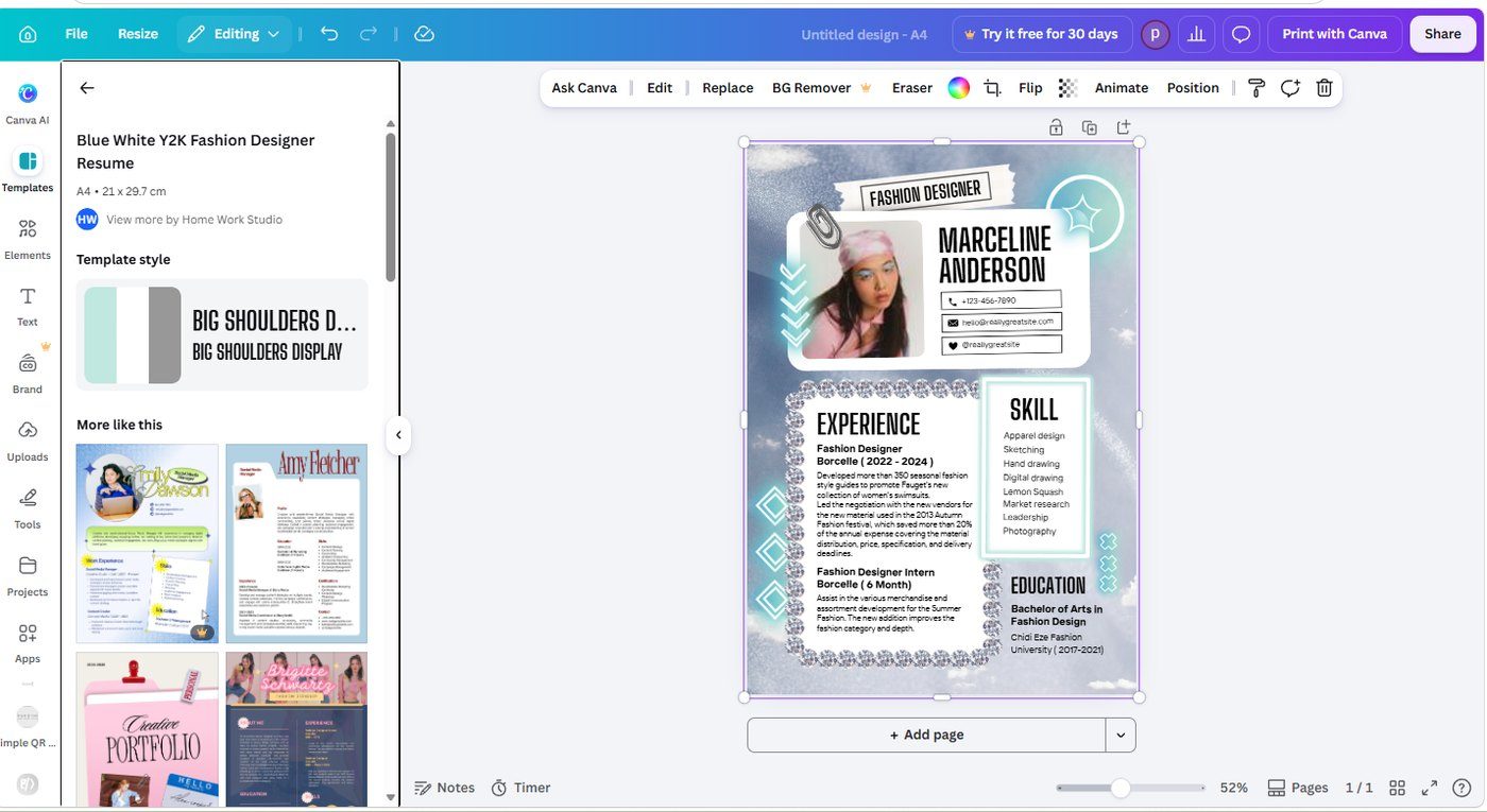 Canva resume template details showing the page size as A4, 21 x 29.7 cm