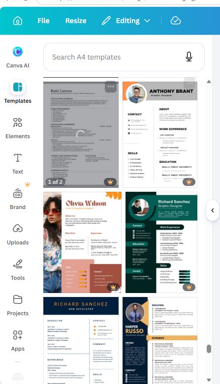 Canva resume template results with a mix of free templates and crowned Pro templates