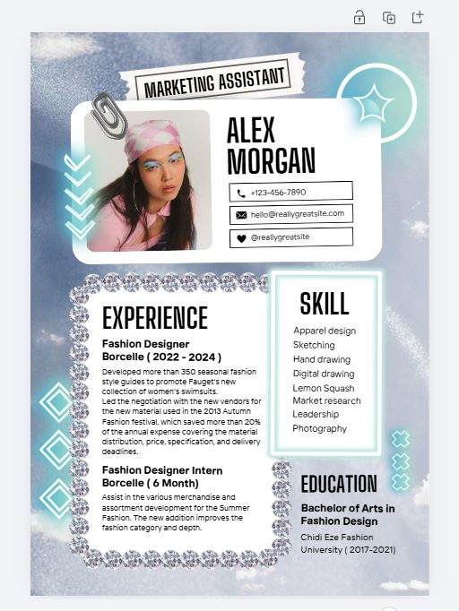 Canva resume canvas after editing the name to Alex Morgan and the job title to Marketing Assistant