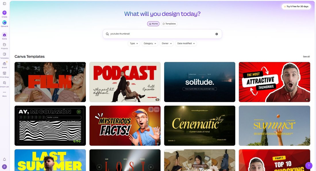 First screen of Canva youtube thumbnail search results with 7 Pro crowns