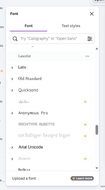 Canva font list with crowned fonts Aprilime, Archetype Aubette, Avenir