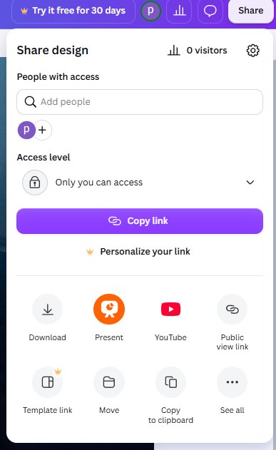 Canva share menu with YouTube icon