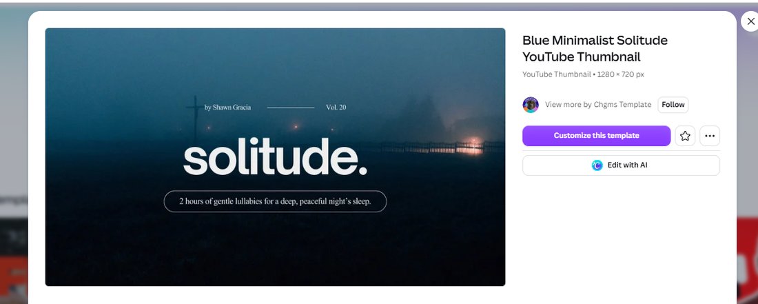 Template detail page showing YouTube Thumbnail 1280 x 720 px
