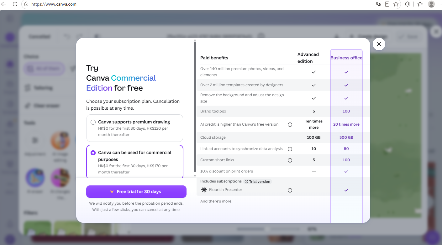 Canva trial dialog with plan choices and paid benefits list