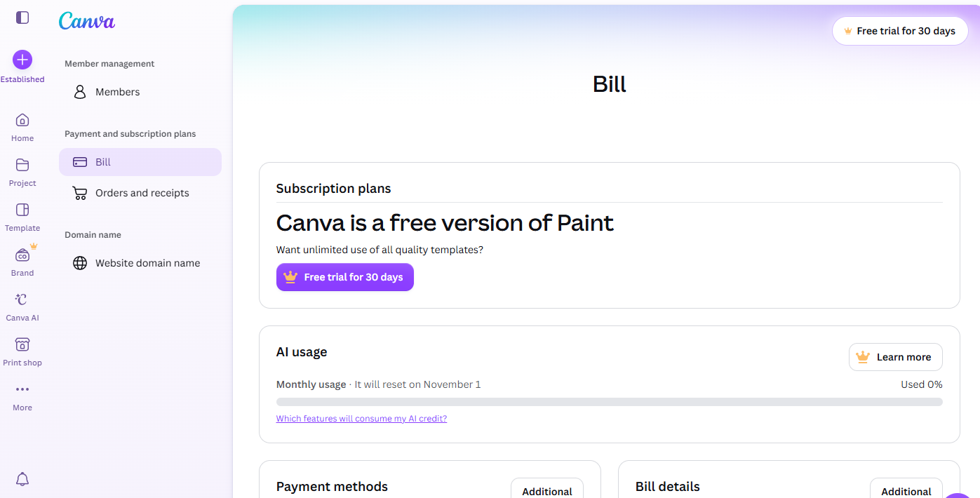 Canva billing page showing free plan and monthly AI usage tracker
