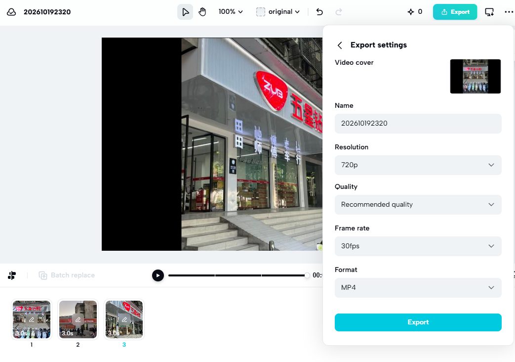 CapCut export settings panel with 720p default and no Pro marks