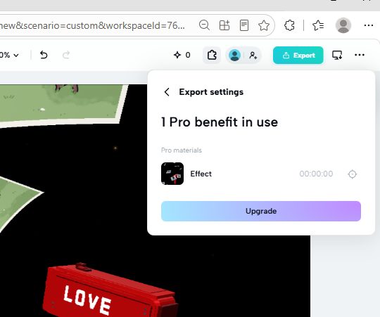 CapCut export panel showing 1 Pro benefit in use with an Upgrade button