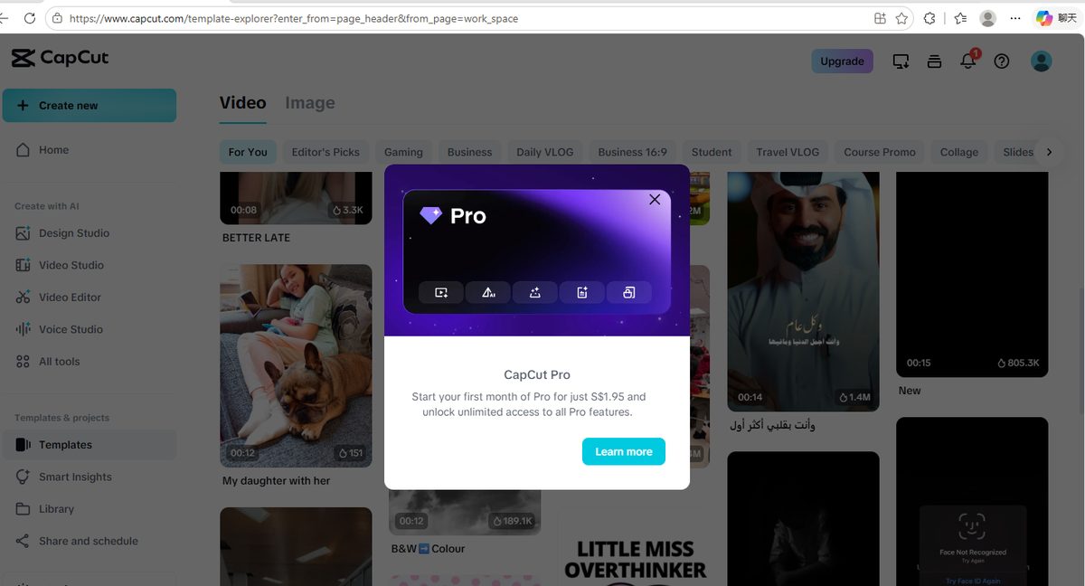 CapCut Pro popup offering the first month for $1.95