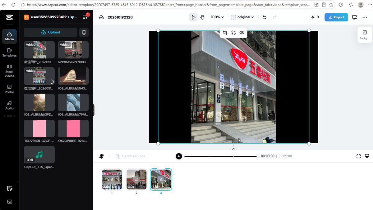 CapCut editor after batch replacing the template media with our own photos