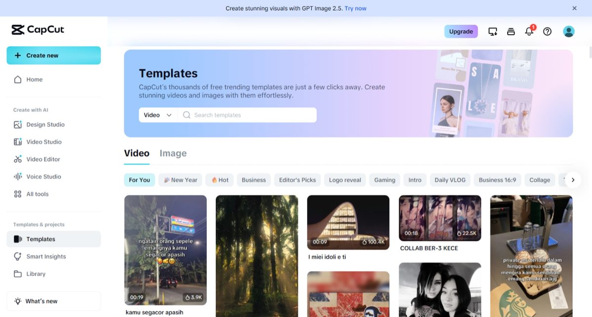 CapCut trending template gallery showing no Pro badges on any thumbnail
