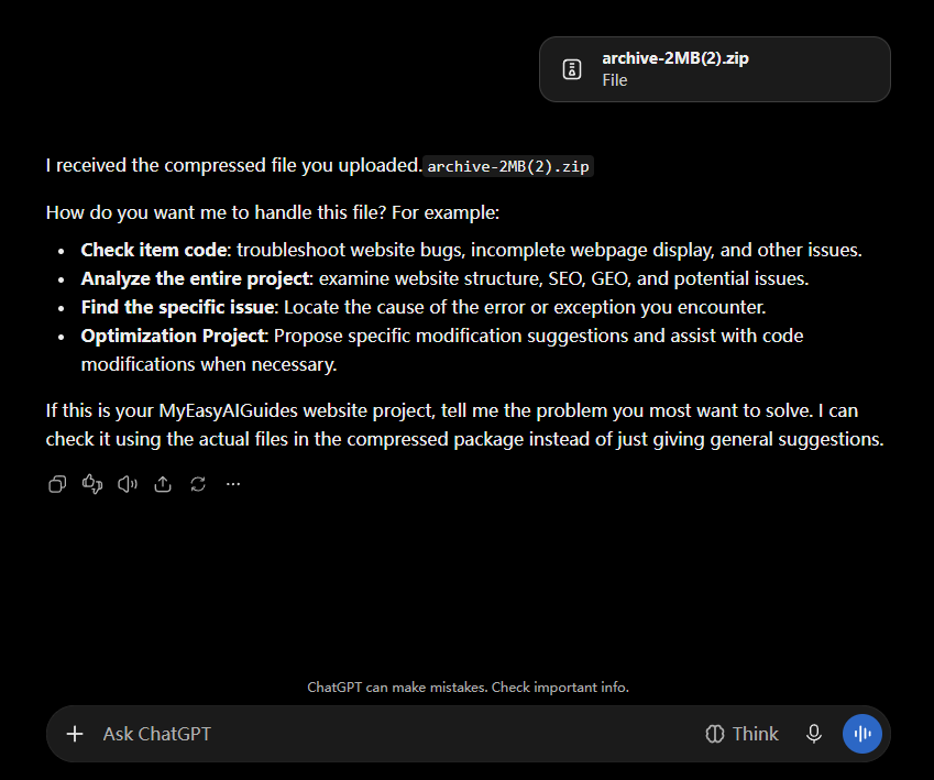 ChatGPT free plan accepting a 2.1 MB zip upload and asking how to handle it