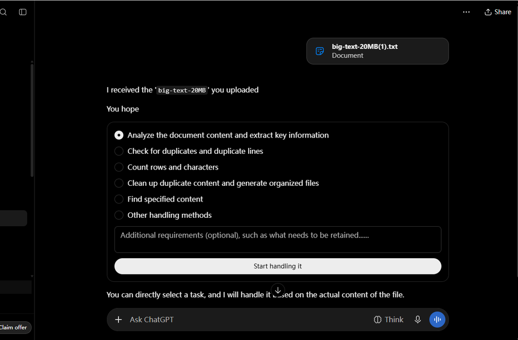 ChatGPT accepting a 20 MB text file on a free account and showing a task picker