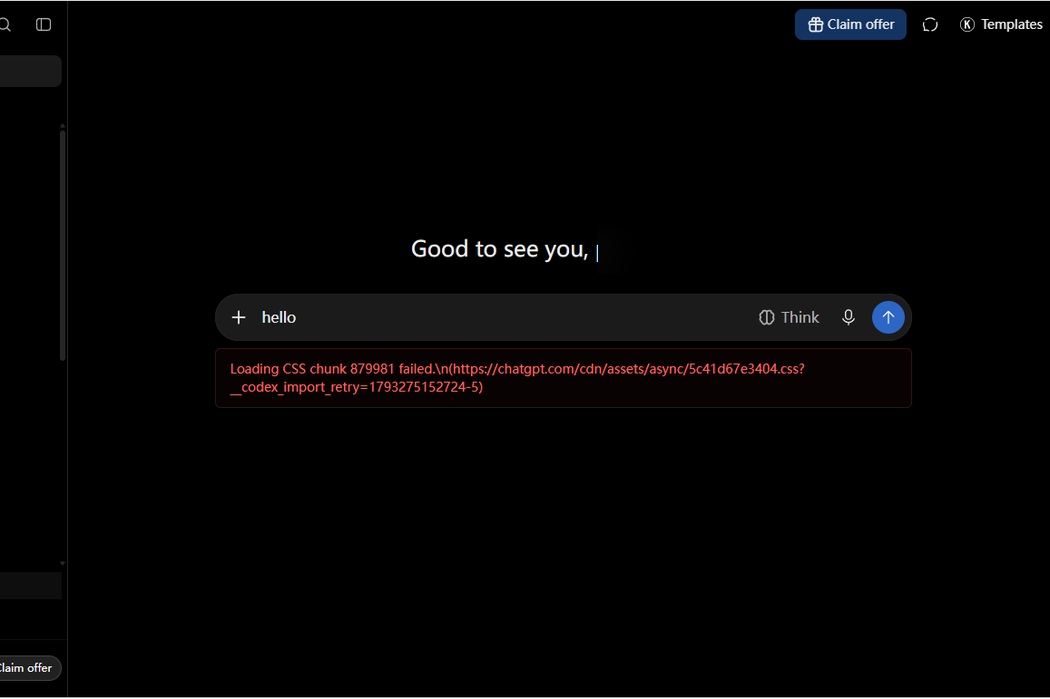 The only real ChatGPT error we triggered: a red Loading CSS chunk failed toast after sending offline