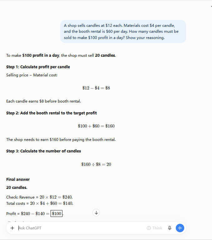 ChatGPT free solving the candle profit problem step by step and answering 20 candles