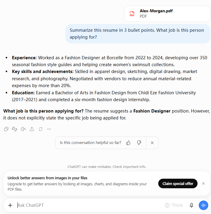 ChatGPT free summarizing the Alex-Morgan resume PDF in three bullets and identifying Fashion Designer