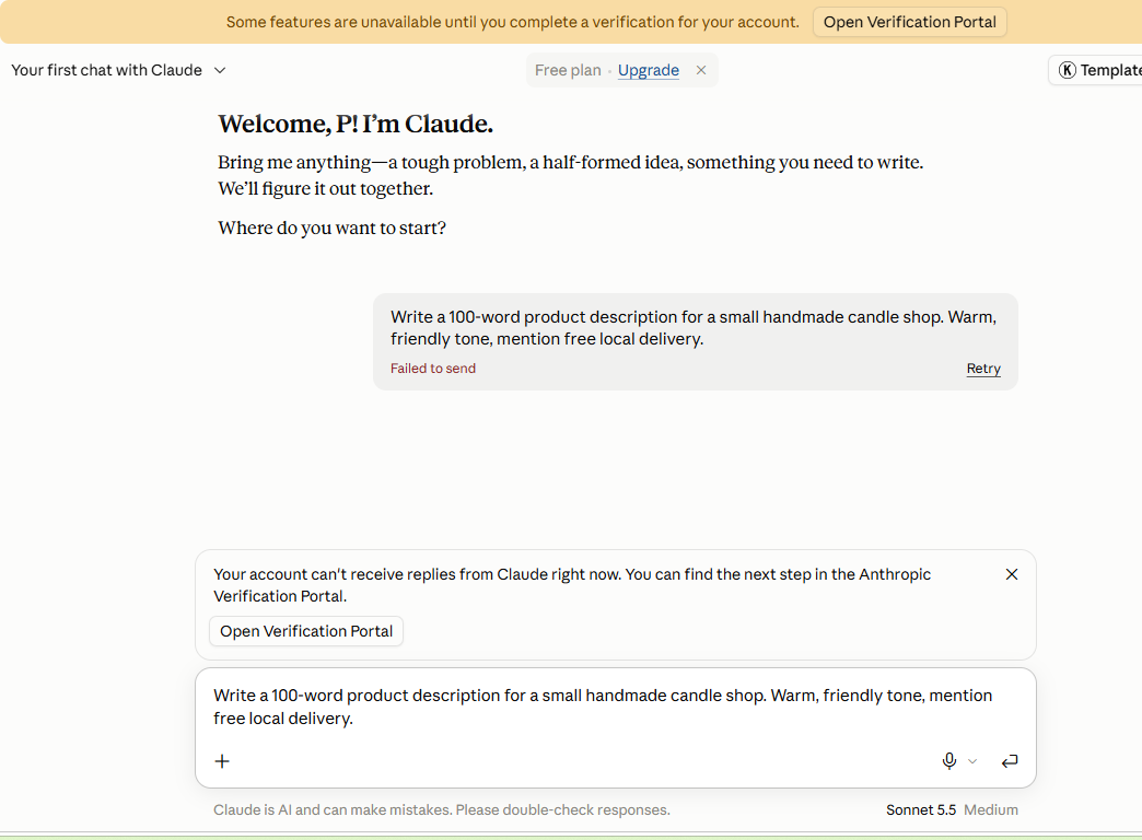 Claude showing Failed to send under our message with a notice that the account cannot receive replies