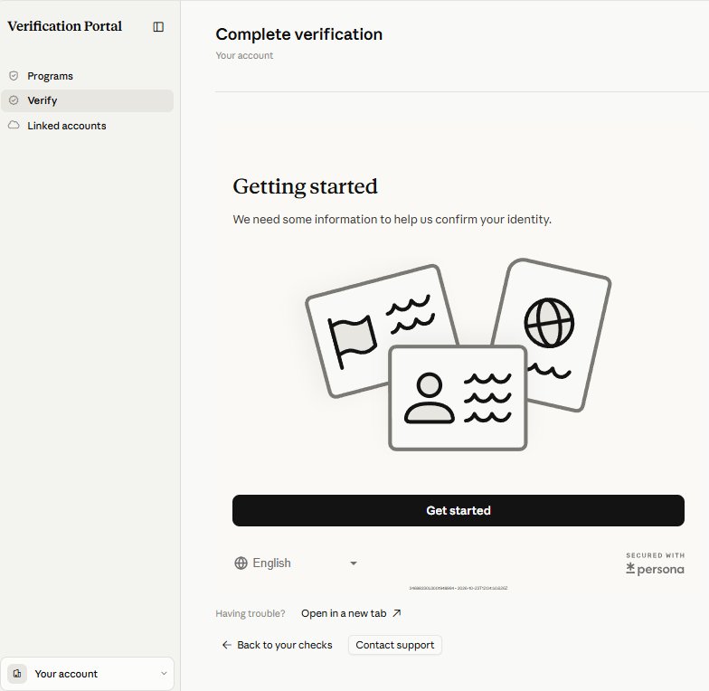 Claude identity verification getting started page secured with Persona, showing ID document icons