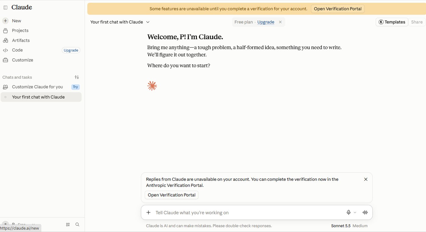 Claude free chat screen showing Sonnet 5.5 Medium as the model and a verification notice