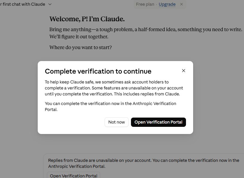 Claude dialog reading Complete verification to continue, stating replies are unavailable until verification