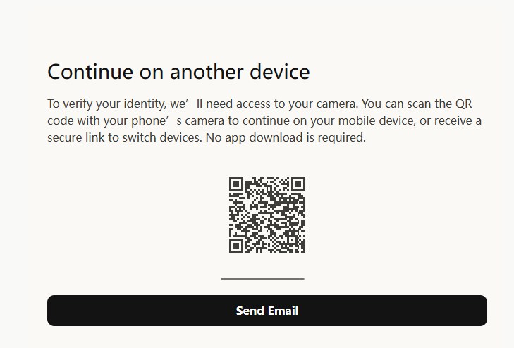 Claude verification camera prompt offering a QR code or a secure link to continue on a mobile device