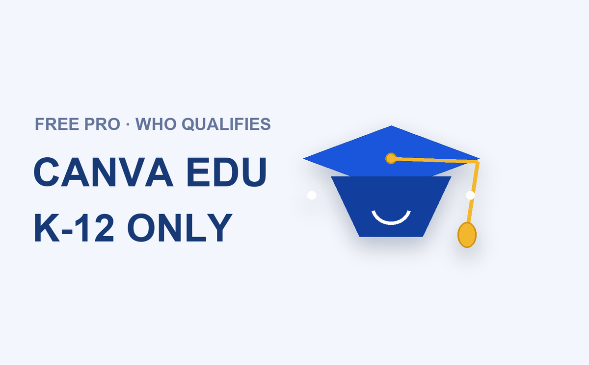 Canva Education K-12 only cover — blue graduation cap with gold tassel
