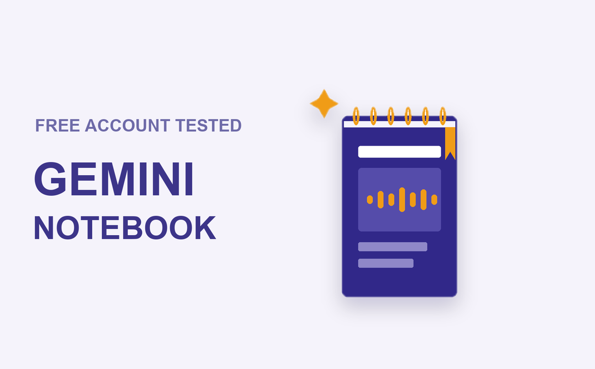 Gemini Notebook free-account test cover: a spiral notebook emitting a gold audio waveform
