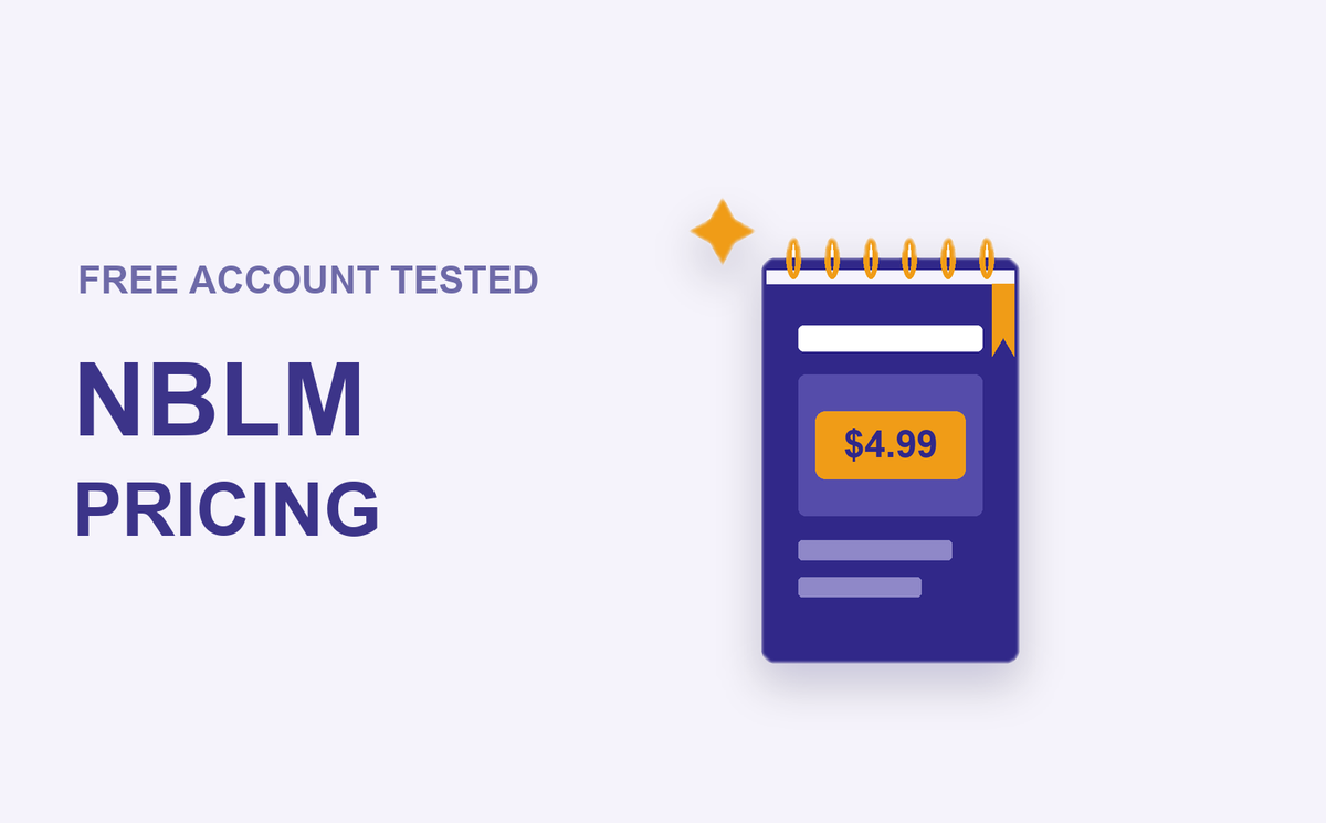 NotebookLM pricing guide cover: a notebook icon with a $4.99 gold price tag