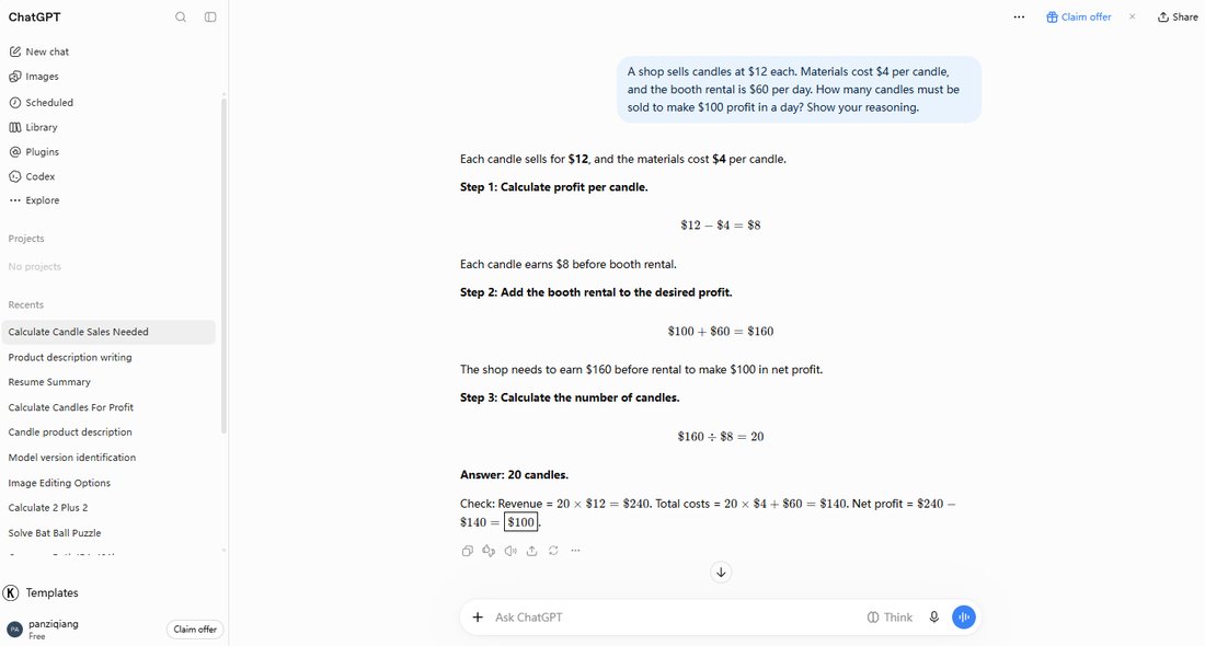 ChatGPT free solving the candle profit problem in three clear steps and answering 20 candles
