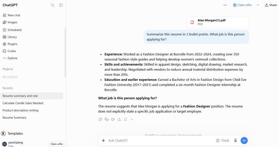 ChatGPT free summarizing the resume in three bullets and identifying Fashion Designer