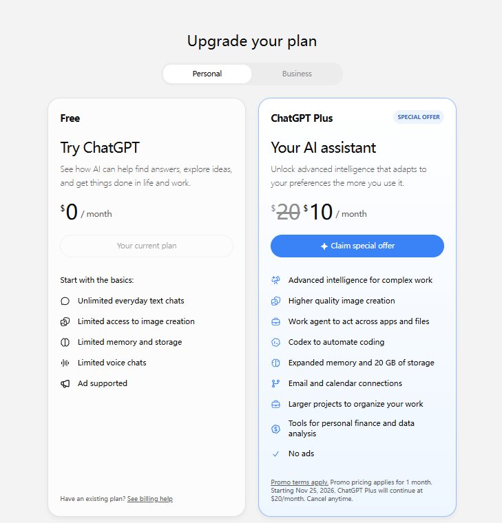 ChatGPT upgrade page showing Free plan with limited features and ad supported, Plus at ten dollars first month