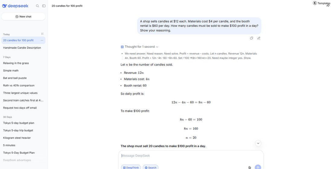 DeepSeek free solving the candle profit problem with compact algebra and answering 20