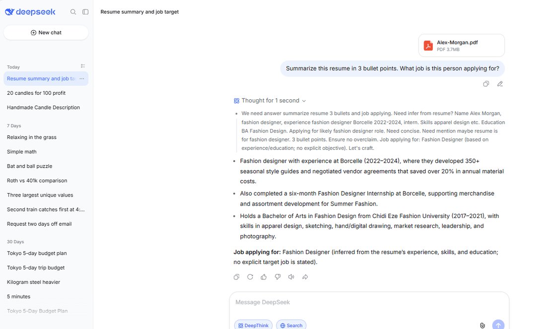 DeepSeek free summarizing the resume and inferring Fashion Designer with reasoning