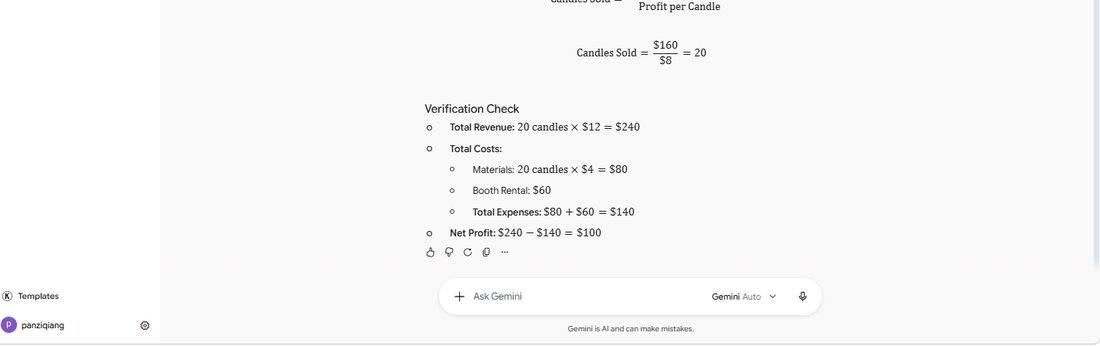 Gemini free answering 20 candles and running an unprompted verification check of revenue and costs